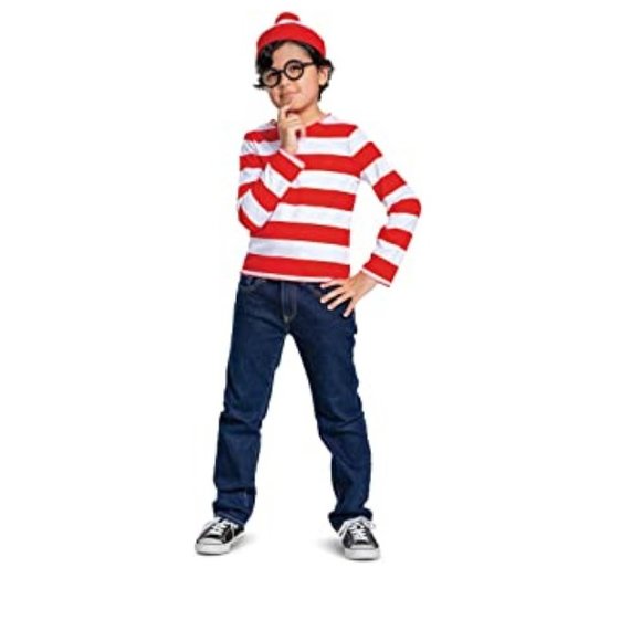 Where's Waldo Red/White Striped Shirt Boys Wally Halloween Costume Set M-L - Picture 1 of 16